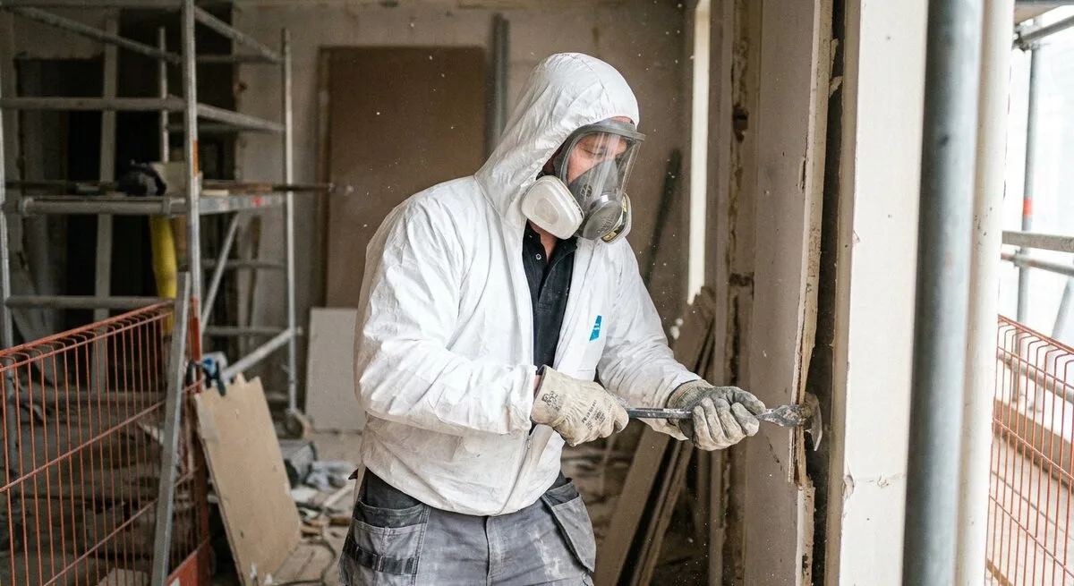Fachkraft in Schutzanzug und Atemschutz baut belastete Bauteile zurück