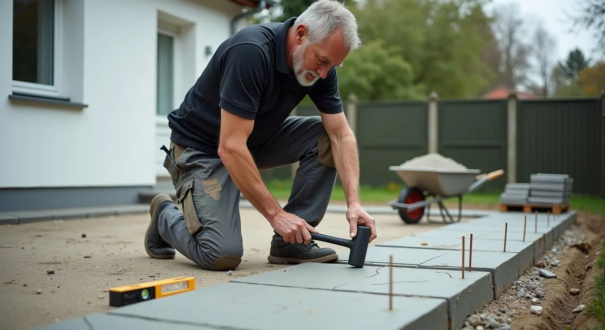 Handwerker verlegt Terrassenplatten mit dem Gummihammer bei der Sanierung einer Außenanlage
