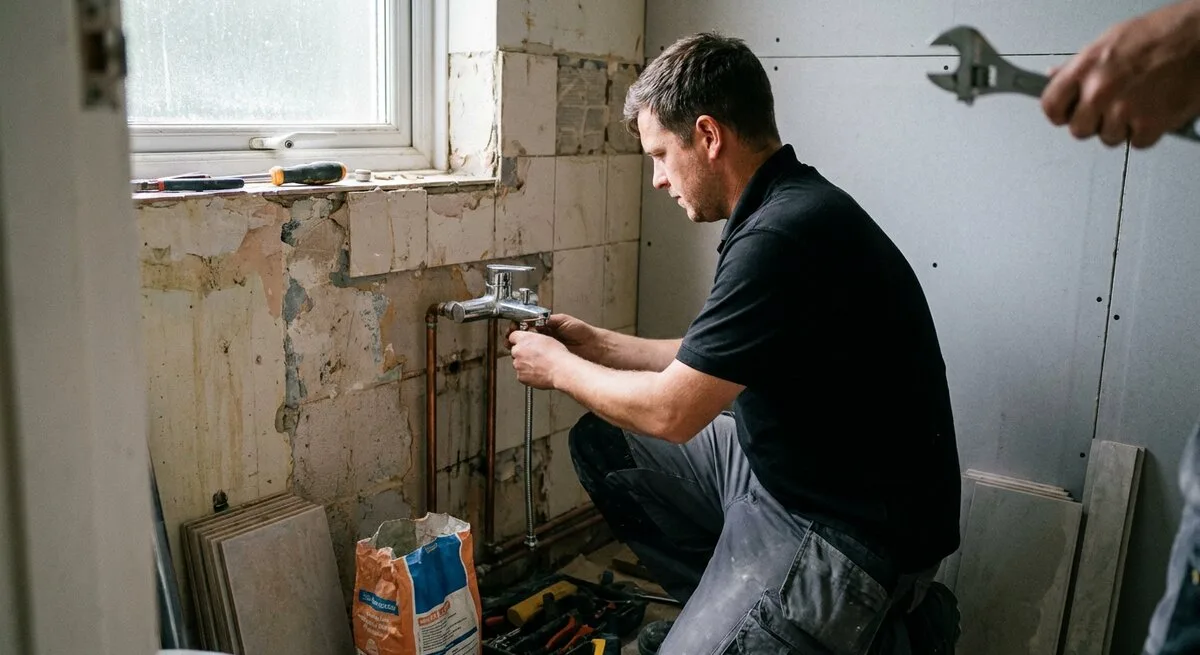 Installateur montiert eine neue Armatur im entkernten Bad