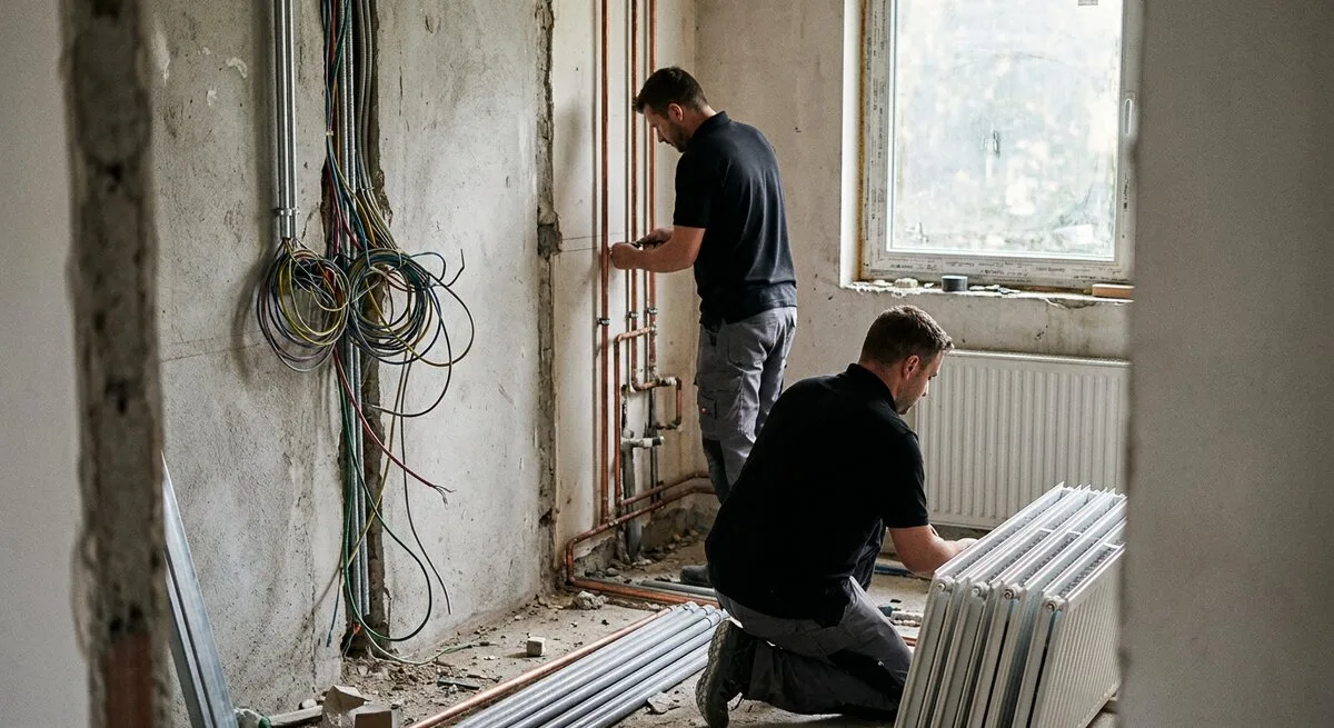 Elektriker und Heizungsbauer arbeiten abgestimmt im selben Raum