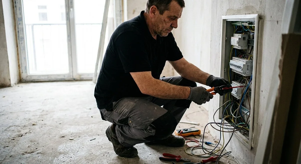Elektriker verdrahtet einen neuen Sicherungskasten in einer Altbauwohnung