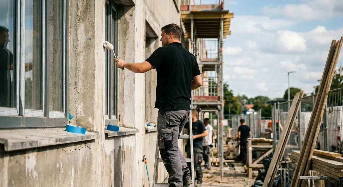 Maler streicht eine Hausfassade, im Hintergrund steht das Gerüst