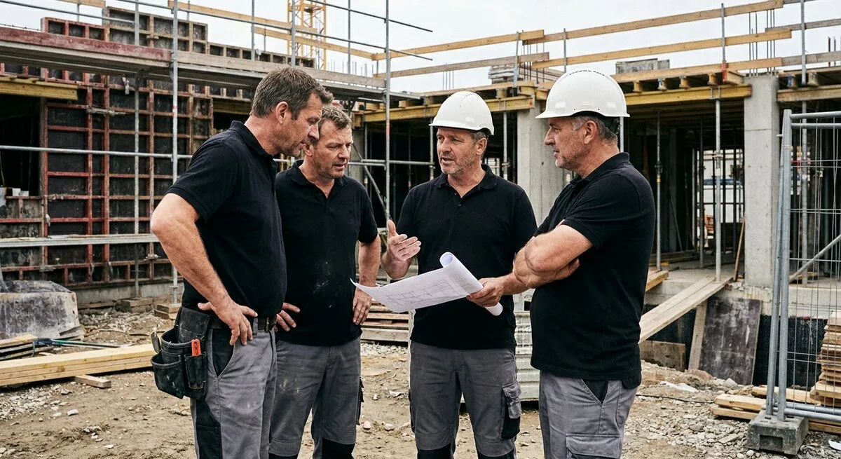 Handwerker verschiedener Gewerke besprechen einen Bauplan auf der Baustelle