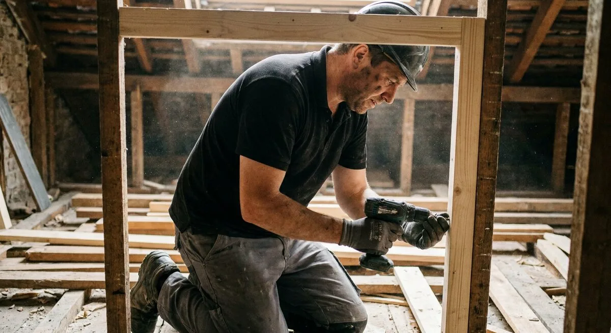 Handwerker montiert Holzständer beim Ausbau eines Dachgeschosses
