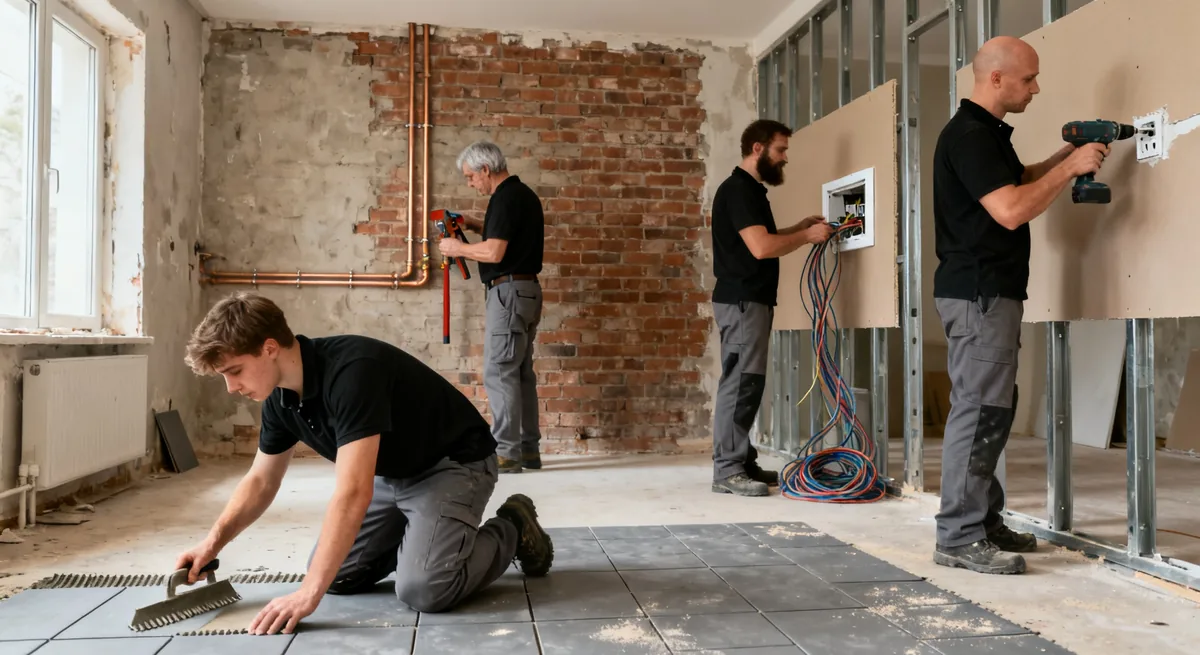 Fliesenleger, Installateur, Elektriker und Trockenbauer arbeiten gleichzeitig bei der Sanierung eines Hauses