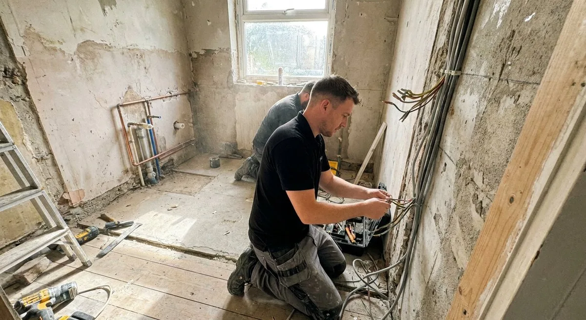 Elektriker und Installateur verlegen Leitungen im entkernten Raum