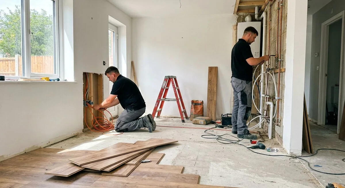 Elektriker und Installateur arbeiten gleichzeitig bei einer Komplettsanierung