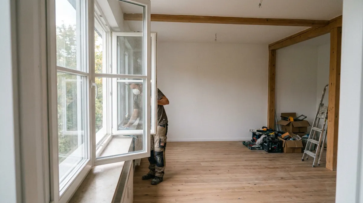 Komplett sanierter Raum mit neuem Holzboden, ein Handwerker reinigt das Fenster