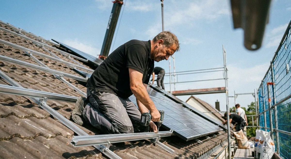 Monteur befestigt Solarmodule auf Schienen eines Ziegeldachs
