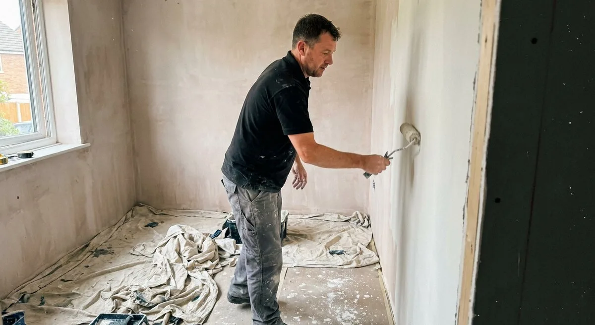 Maler streicht bei einer Renovierung die Wände, der Boden ist abgedeckt