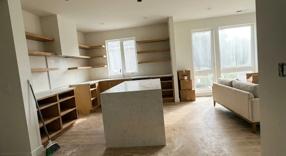 Sanierter Wohnraum mit neuer Küche und Kochinsel kurz vor der Fertigstellung