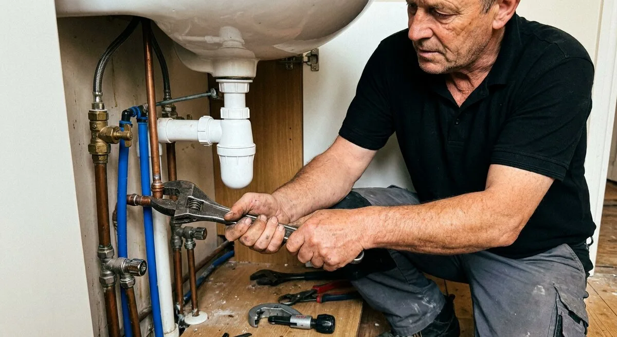 Installateur schließt Wasserleitungen unter einem Waschbecken an