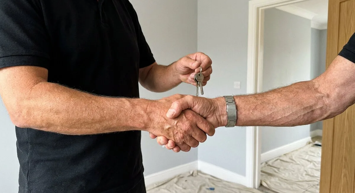 Handschlag und Schlüsselübergabe bei der Abnahme einer sanierten Wohnung