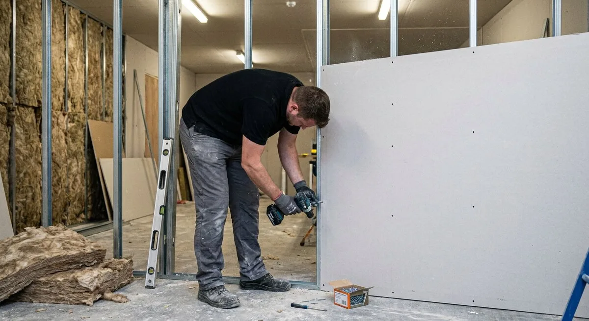 Trockenbauer verschraubt Gipskartonplatten auf dem Metallständerwerk