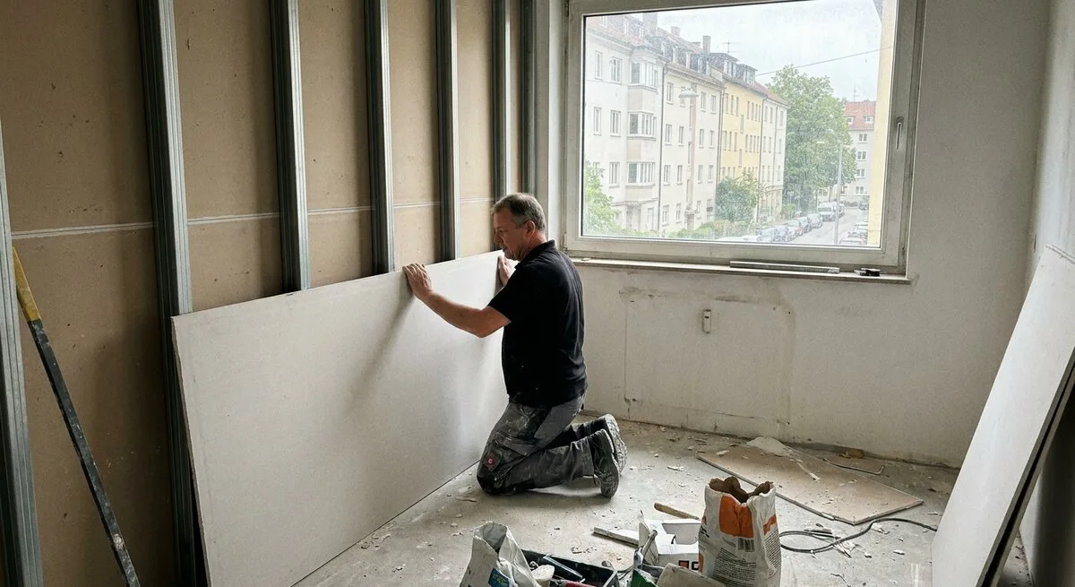 Handwerker setzt Gipskartonplatten bei der Sanierung einer Stadtwohnung